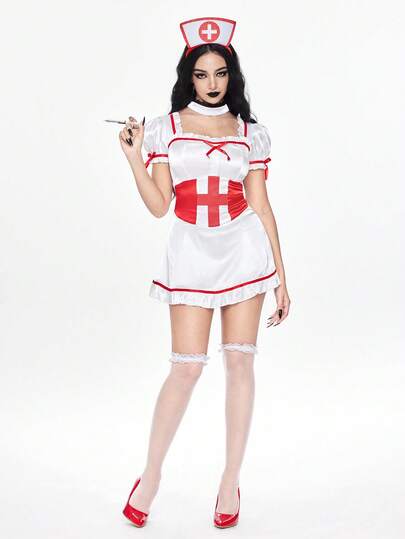ROMWE Avant Sexy Nurse Costume With Puff Sleeves, Bowknot And Ruffle Trim, Roleplay Dress
