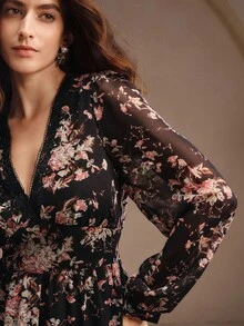 Anewsta 女式优雅花卉印花长袖V领荷叶边修腰超长连衣裙 - 黑色 - 查看 2