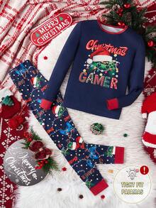 SHEIN 1 Bộ áo thun dài tay cổ tròn màu đỏ tía mừng Giáng sinh cho bé trai kèm mũ ông già Noel và cây thông Noel, quần ngủ bó màu xanh navy kèm mũ ông già Noel, cây thông Noel và dòng chữ "CHRISTMAS GAMER", quà tặng Giáng sinh - Nhiều màu - Xem 4