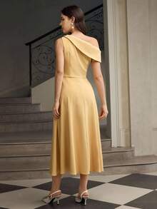 ZEYLAH Contrast Color Metal Buckle Decor Waist Midi Dress For Women - Yellow - View 3