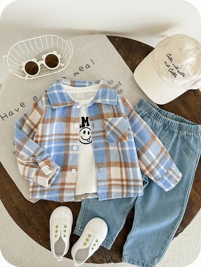 SHEIN Bộ đồ thu đông dày dặn 3 món cho bé trai: Áo thun dài tay, áo len, áo khoác dài tay và quần jean, trang phục cơ bản thoải mái, đa năng và phong cách, phù hợp cho trong nhà, ngoài trời, mặc hàng ngày, thể thao, vui chơi, dự tiệc, chụp ảnh, lễ hội, Halloween, bộ đồ thể thao kẻ caro, bộ đồ kẻ sọc cho bé trai, bộ quần jean cho bé trai, bộ đồ flannel cho bé trai, bộ đồ mẹ và bé trai mùa thu