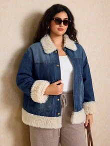 Elaquor Jachetă de catifea albastră din denim pentru mărimi mari, elegantă și călduroasă, franceză, haină casual și călduroasă, ținute de Ziua Recunoștinței, jachetă de zăpadă, haine de Crăciun - Spălare medie - Vizualizare 7