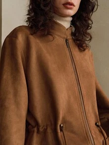 EMERY ROSE Women's Suede Fleece Fabric Stand Collar Waist Drawstring Design Daily Exquisite Commuter Jacket Regular Coat Fall Clothes For Women Winter Clothes Women's Winter Jacket - Coffee Brown - View 2