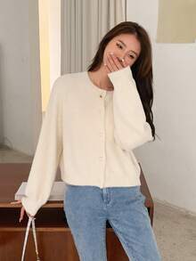 DAZY Drop Shoulder Fluffy Knit Button Front Cardigan,Long Sleeve Tops,Fall Clothes Jacket