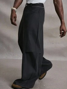 PAVTROS Manfinity Streetrush 男士拼接阔腿裤，可拆卸二合一格子系带设计，纽扣开合，秋冬街头服饰，万圣节服装，INS 街头服饰，男装，男士运动裤，中性风格，说唱歌手服装，男朋友礼物 - 黑色 - 查看 7