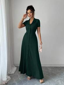 Elenzga Đầm Maxi Tay Ngắn Thắt Nơ Lưng Chữ A Lưng Cao Màu Nâu Thanh Lịch Cho Nữ - Màu xanh lá cây đậm - Xem 5