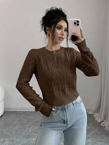 Elenzga Simple Solid Color Casual Daily Short Crew Neck Women Sweaters - Coffee Brown - View 5