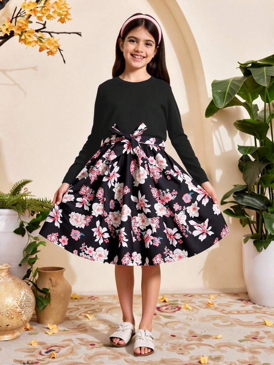 SHEIN Tween Girl Floral Flared Long-Sleeved Round Neck Dress With Belt, Autumn/Winter New Arrival Holiday Dress,Holiday,Summer,Travel