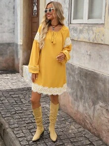 Brillora 秋冬女装外出度假约会连衣裙、秋冬女装外出度假V领吊带格子无袖女装、节日购物连衣裙、校服、非常简约的服装、女士乡村服装、办公室服装、老钱服装、教师服装、约会服装、毕业季、秋季女装、休闲连衣裙、秋冬连衣裙、黄色长袖连衣裙、圣诞派对氛围连衣裙 - 黃色 - 查看 4
