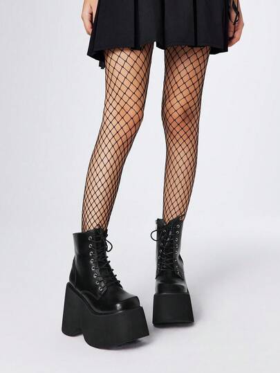 Goth Botas de tobillo con suela gruesa y tacón súper alto para mujer, estilo punk y2k, de piel de PU de unicolor con cordones y cremallera lateral, adecuadas para actuaciones en el escenario con tacones de cuña