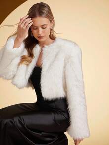 Amorya 女士优雅人造毛皮杏色短款夹克，适合日常穿着和多种场合，秋冬季 - 杏色 - 查看 1