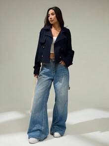 SHEIN PETITE Double Breasted Belted Trench Coat In Fall/Winter - Navy Blue - View 7