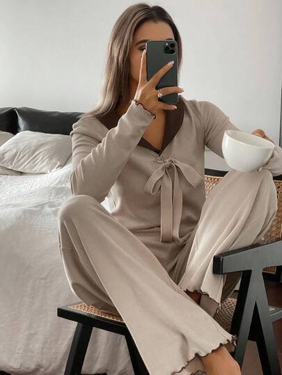DAZY 女士优雅拼色领带设计针织睡衣套装，秋冬秋季服装，舒适装