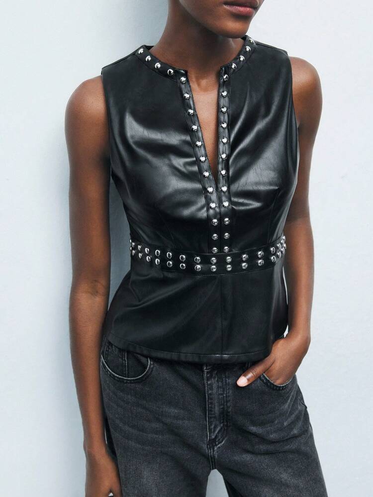 SHEIN Maija PU Leather Casual Cinched Waist Women Tank Tops,Festival Outfits For Women ,Party Tops
