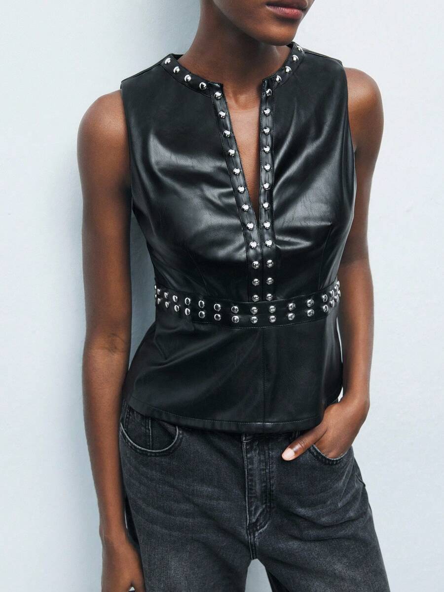 Maija PU Leather Casual Cinched Waist Women Tank Tops - Black - View 1