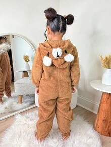 万圣节小女孩可爱熊连帽连体裤，保暖内衬，休闲家居服和外套，时尚可爱，秋冬