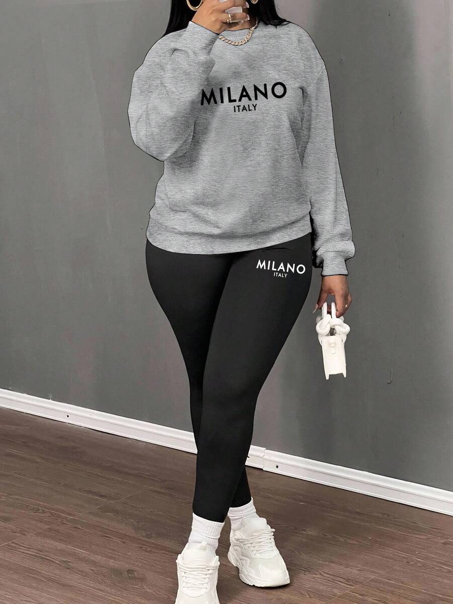 Slaydiva 2 件 MILANO 休闲标语图案宽松圆领运动衫和紧身打底裤套装，适合秋冬季 - 彩色 - 查看 1