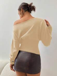 Aloruh Women's Autumn/Winter Exposed Shoulder Asymmetrical Shoulder Long Sleeve Tight Ribbed Brown Sweater,Fall - Apricot - View 2