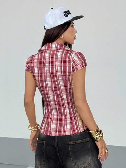 Blouse Shein Rouge Bordeaux Fleurie - Taille 44 - Polyester - Manches Courtes - Occasion TB