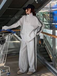 DAZY Women's Casual Contrast Striped Sweatshirt And Pants 2 Pieces Set, Autumn Tracksuits Women Set Lounge Sets For Women