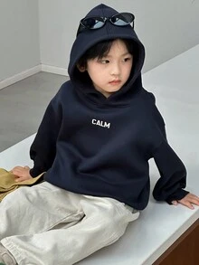 DAZY 男童抓绒卫衣，休闲宽松版型字母印花街头风，秋季连帽衫 - 藏蓝色 - 查看 3