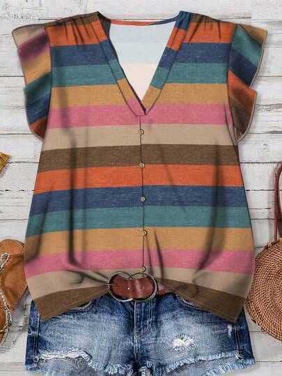 SHEIN LUNE Blusa suelta de estilo casual de vacaciones con cuello en V y manga corta, con estampado de leopardo, adecuada para el verano