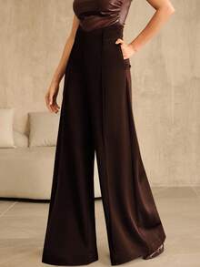 Anewsta Quần ống loe bỏ túi thời trang lưng cao hình chữ V màu trơn dành cho nữ, thanh lịch cho mùa thu/đông - Màu Đỏ Sâu - Xem 4