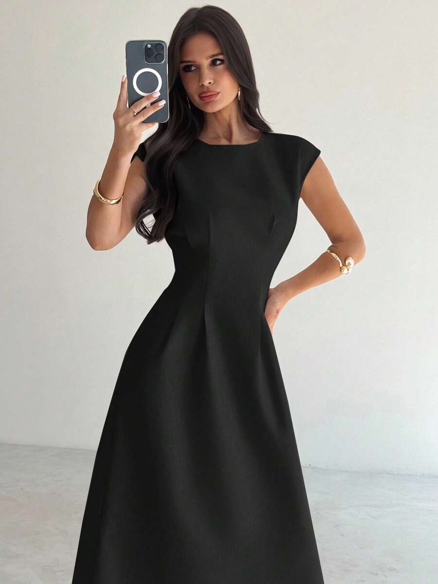 Firerie 女士简约优雅日常休闲通勤度假办公室装 亚麻色竹纹圆领无袖收腰褶皱 A 字中长连衣裙，夏季连衣裙，商务休闲女装，秋季女装，女士办公室装，办公室装，机场装，旅行装，机场装，外出装 - 黑色 - 查看 1