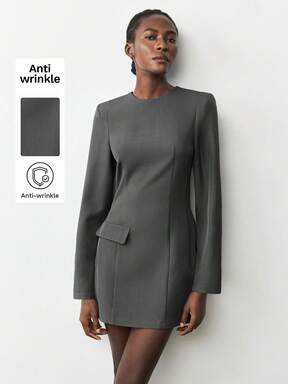 Maija 2025 Modern City Style Round Neck Wide Shoulder Fitted Decorative Pocket Mini Dress For Women, Suitable For Early Autumn Back To School Season And Party Season,Old Money Style,Classic And Wearable Dress,Olive Green,Business Casual Woman,Classic Urban Dress,