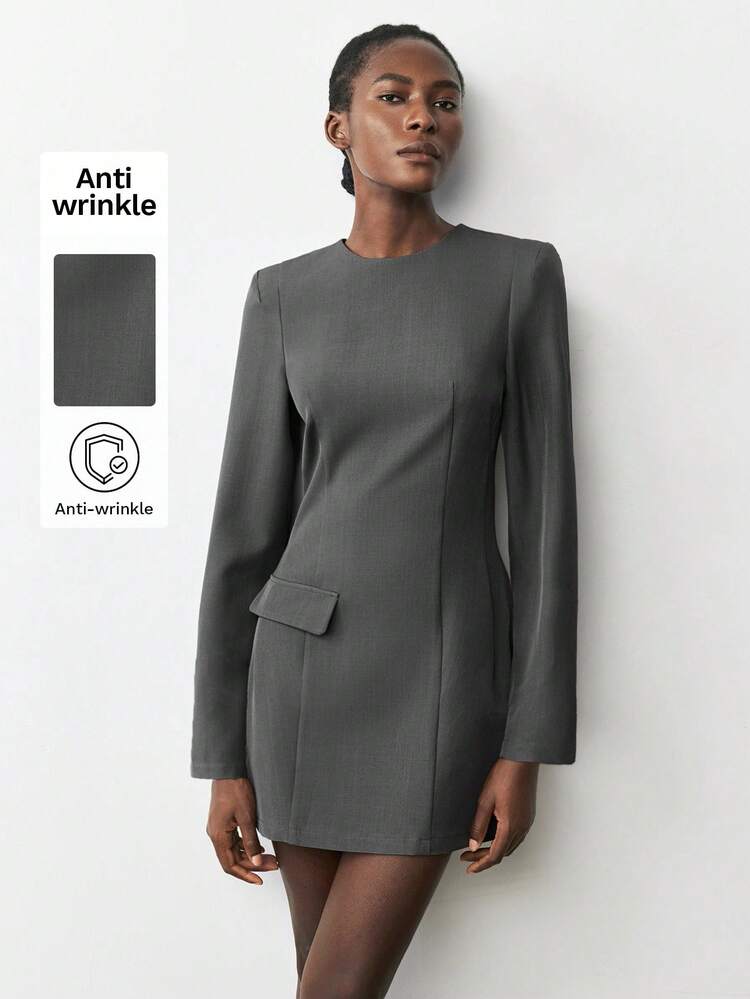 SHEIN Maija 2025 Modern City Style Round Neck Wide Shoulder Fitted Decorative Pocket Mini Dress For Women, Suitable For Early Autumn Back To School Season And Party Season,Old Money Style,Classic And Wearable Dress,Olive Green,Business Casual Woman,Classic Urban Dress,