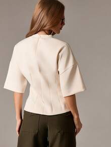 AiiRZ Lantern Sleeve Peplum T-Shirt Round Neck Short Sleeve Top Structured Design Casual Blouse - Apricot - View 2