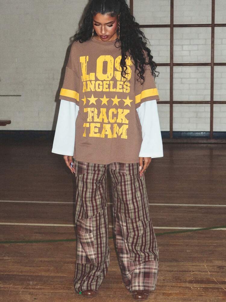 SUMWON WOMEN Plaid Patchwork Palazzo Pants With Button Front