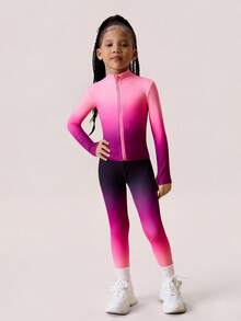 SHEIN 2 sztuki/zestaw dziewczęcego stroju sportowego, elastyczna dopasowana kurtka zapinana na zamek i obcisłe spodnie sportowe z wysokim stanem, odpowiednie do jogi, tenisa, badmintona, aktywności na świeżym powietrzu i codziennego treningu