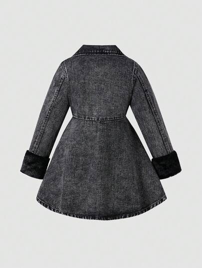 Elladie kids 少女款喇叭下摆长款及膝牛仔外套，水洗黑色牛仔布，复古时尚休闲度假风，百搭大翻领设计，秋冬款