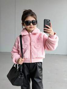 Young Girls' Pink Collar Long Sleeve Zip-Up Fleece Jacket Fall Winter - Pink - View 2