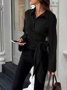 EMERY ROSE Women's Solid Color Twist Shoulder Long Sleeve Casual Versatile Blouse - Black - View 4