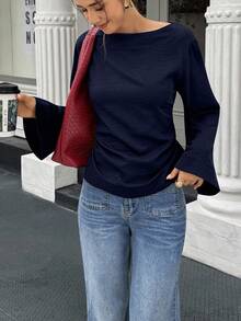 Selianne 女式纯色船领长喇叭袖腰休闲百搭衬衫 - 藏蓝色 - 查看 3