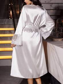 SilkySpell Plus Size Elegant Romantic Sexy Embroidered Lace Trim Satin Belted Robe, Fall