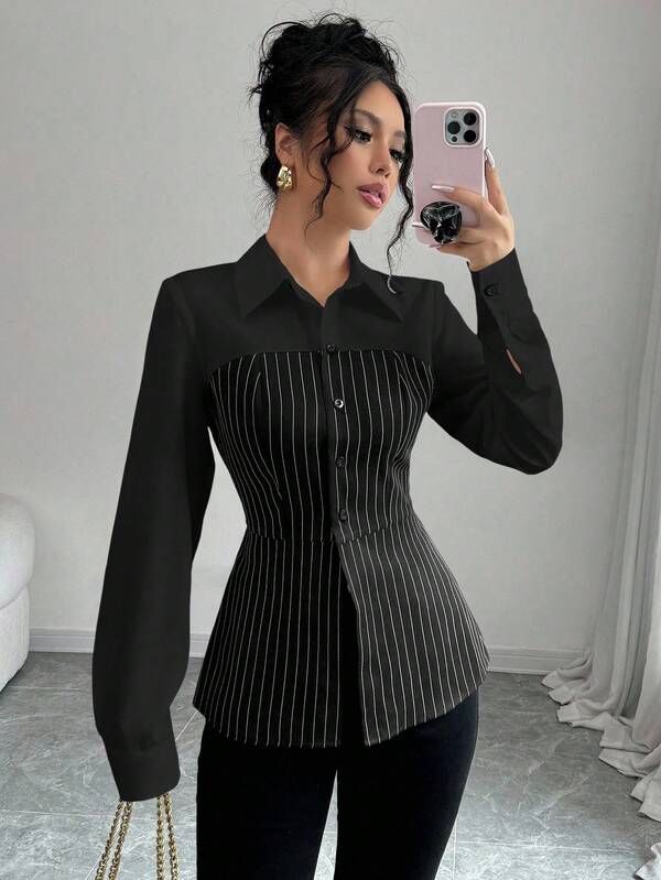Elenzga 时尚通勤单排扣条纹拼布衬衫