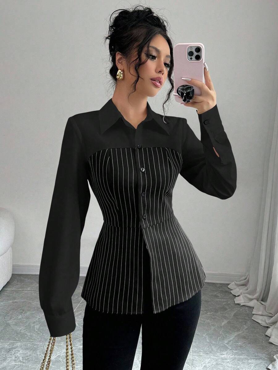 Elenzga 时尚通勤单排扣条纹拼布衬衫 - 黑與白 - 查看 1