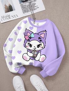 SHEIN Leap Crew Tween Girls Cute Bow, Cartoon Cat & Heart Pattern Pullover Sweatshirt, In Fall/Winter - Multicolor - View 2