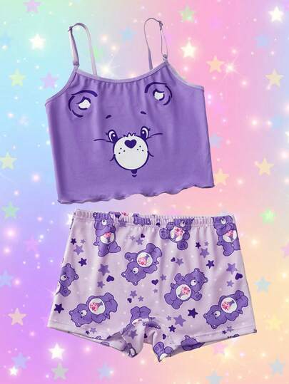 SHEIN X Care Bears Tween Girl Purple Cartoon Bear Pattern Cami Top & Shorts Lingerie Undershirt Set ,Kawaii,Cute,Sweet Fall Winter