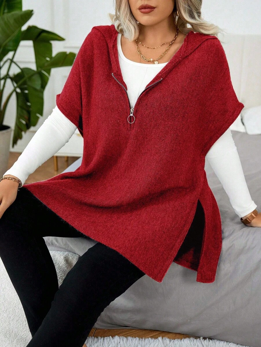 EMERY ROSE Plus Size Zip Front Batwing Sleeve Minimalist Hooded Sweater Vest For New Year Clothes Winter Fall Autumn
