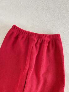 SHEIN Vintaside Kids 女童 2 件組紅色睡衣套裝，可愛鹿圖案刺繡開襟上衣與純色長褲，舒適秋季夜晚度假穿搭，冬季嘉年華服飾 - 紅色 - 查看 7