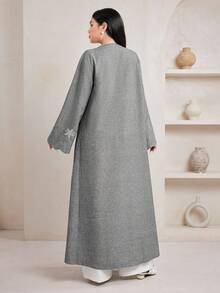 Veilorie Floral Embroidered Wavy Hem Loose Comfortable Arabic Abaya Cover Up - Grey - View 7