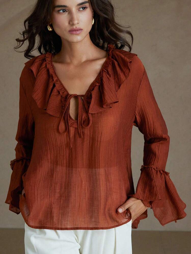 Chiquease Ruffled Tie-Up Chiffon Long Sleeve Shirt, V-Neck With Tie Design, Layered Collar And Cuffs, Suitable For Multiple Occasions - Rust Brown - View 2