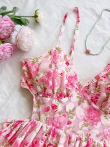 Soleia Women's Romantic Pink Floral Print Chiffon Flowy Sexy V-Neck Ruched Cutout Backless Double Layered A-Line Mini Dress, Suitable For Vacation, Party, Date, Valentine's Day, Afternoon Tea Floral Sundress Floral Summer Dress Spring Dress Rose Dress