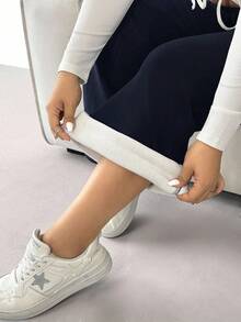 SHEIN EZwear Quần ống loe lưng thun co giãn màu trơn cỡ lớn có lớp lót giữ nhiệt dành cho nữ, thường ngày cho mùa thu/đông - Màu xanh hải quân - Xem 4