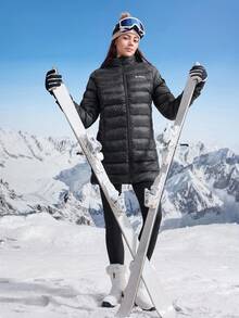 In My Nature Chaqueta deportiva de mujer con cuello alto, manga larga, cierre frontal con cremallera y estampado de letras, para invierno - Negro - Ver 7