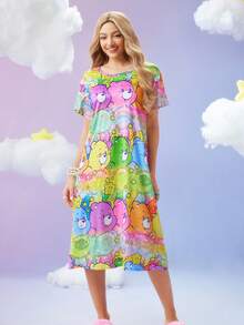 SweetSlumber X Carebears 女士休闲可爱卡通熊印花短袖睡衣连衣裙，夏季蓬松睡衣卡哇伊连衣裙，冬季舒适保暖，哞哞睡裙